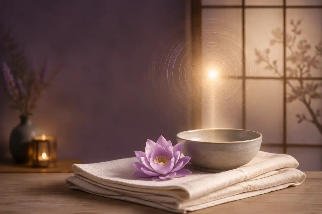 Ruhiges Reiki-Stillleben mit Lotusblüte und warmem Licht